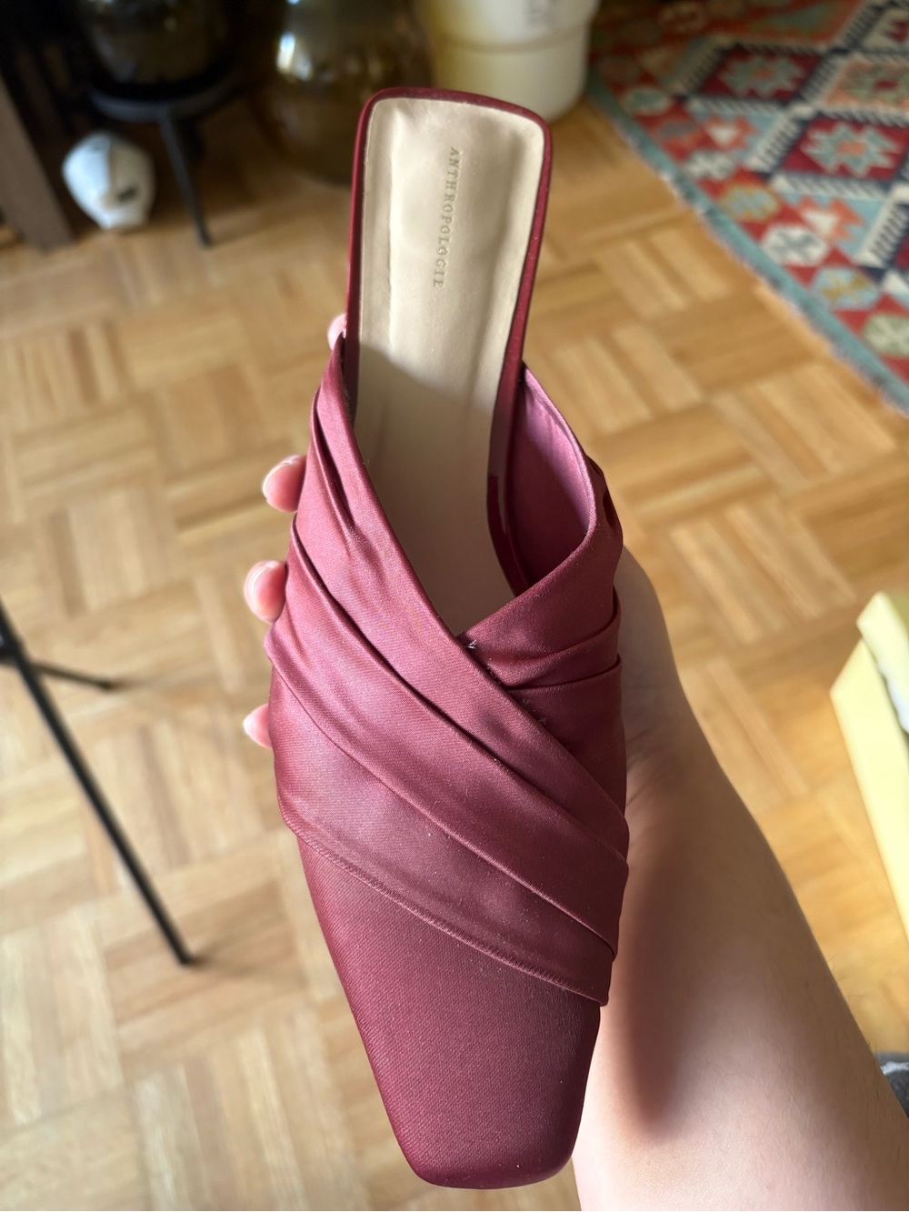 Anthropologie Satin Burgundy Square-Toe Mules - Picture 7 of 12
